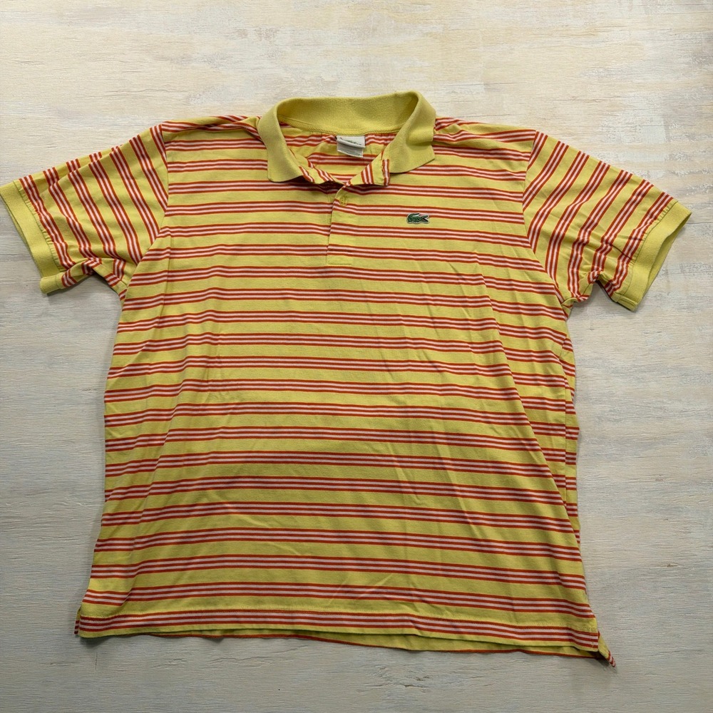 Lacoste Polo Shirt Size 8 Striped Pique Short Sleeve Yellow Orange Mens